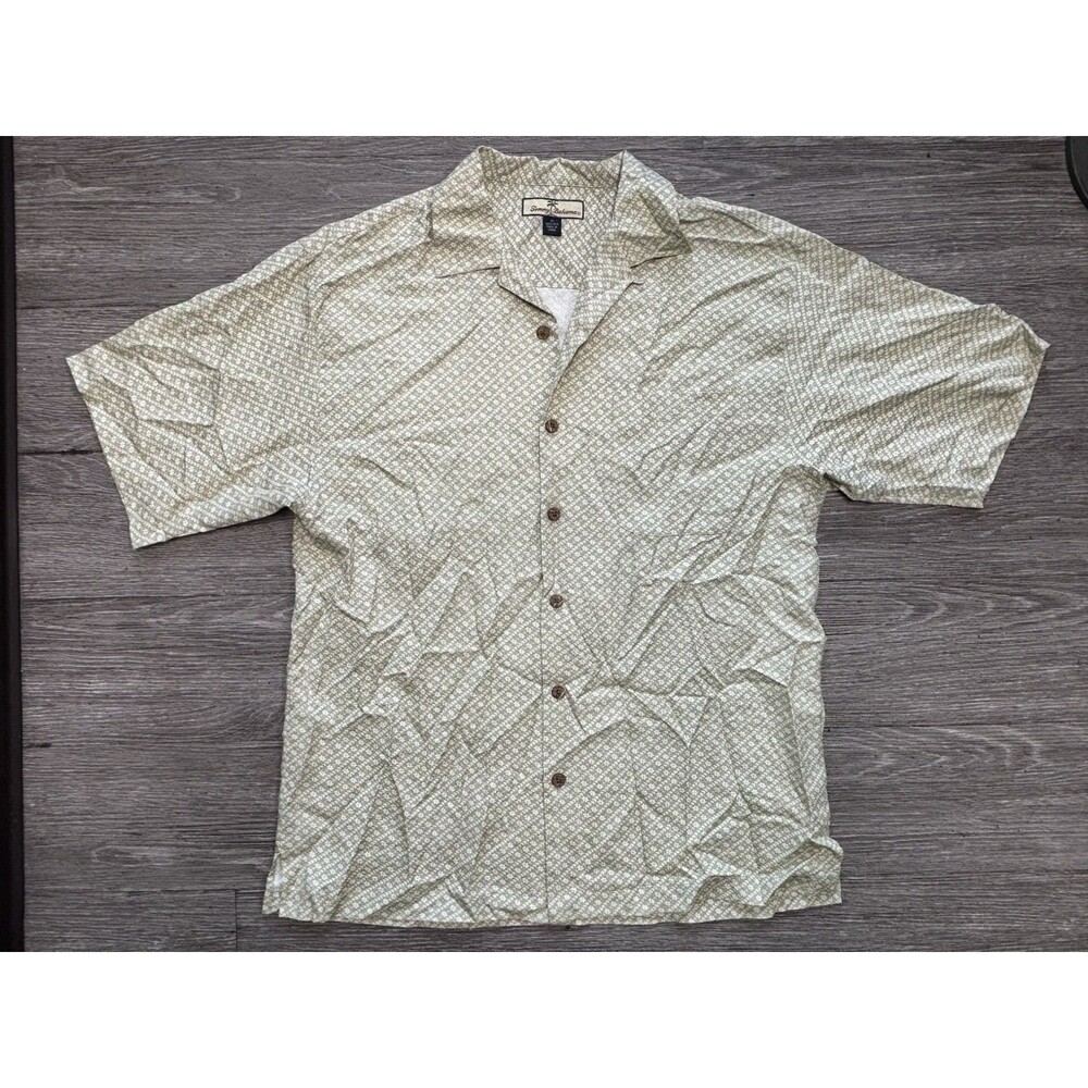 Tommy Bahama 100% Silk Camp Shirt Light Green & White Geometric Pattern Men's MD
